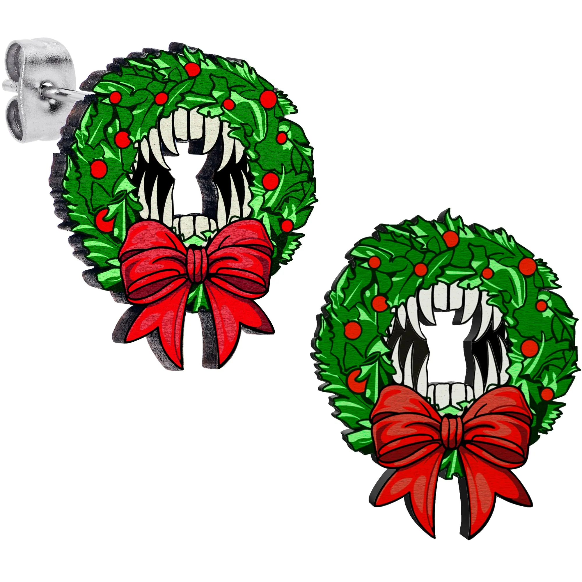 Handmade Wooden Vampire Wreath Holiday Christmas Stud Earrings