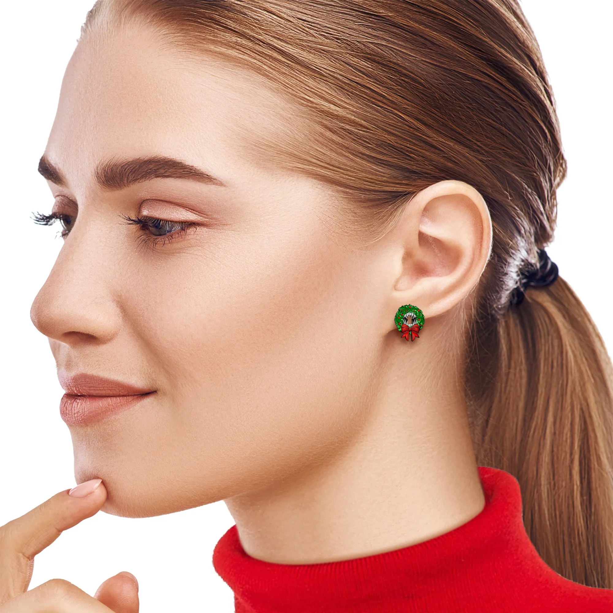 Handmade Wooden Vampire Wreath Holiday Christmas Stud Earrings