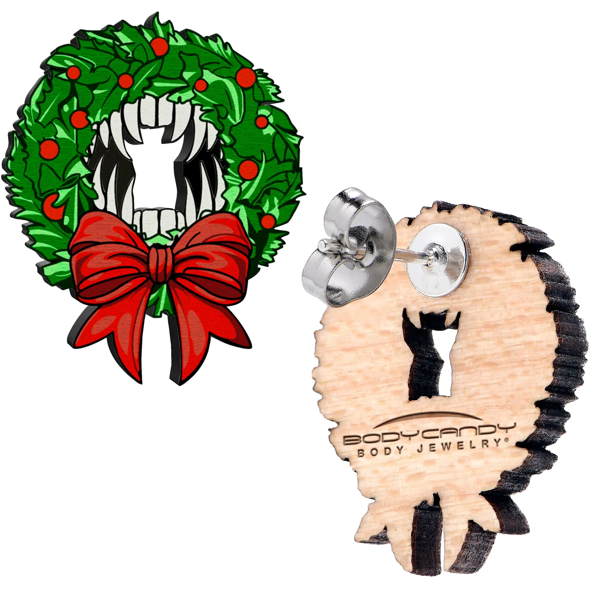 Handmade Wooden Vampire Wreath Holiday Christmas Stud Earrings